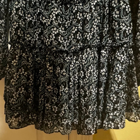 MISA Los Angeles Black Floral Mini Dress Split Neck Blouson Tiered Ruffle Sz M - Picture 3 of 14